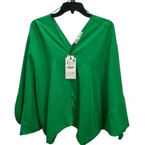 Zara Emerald Green V Neck Tie Sleeves Fluid‎ Blouse Top Medium 4437 054